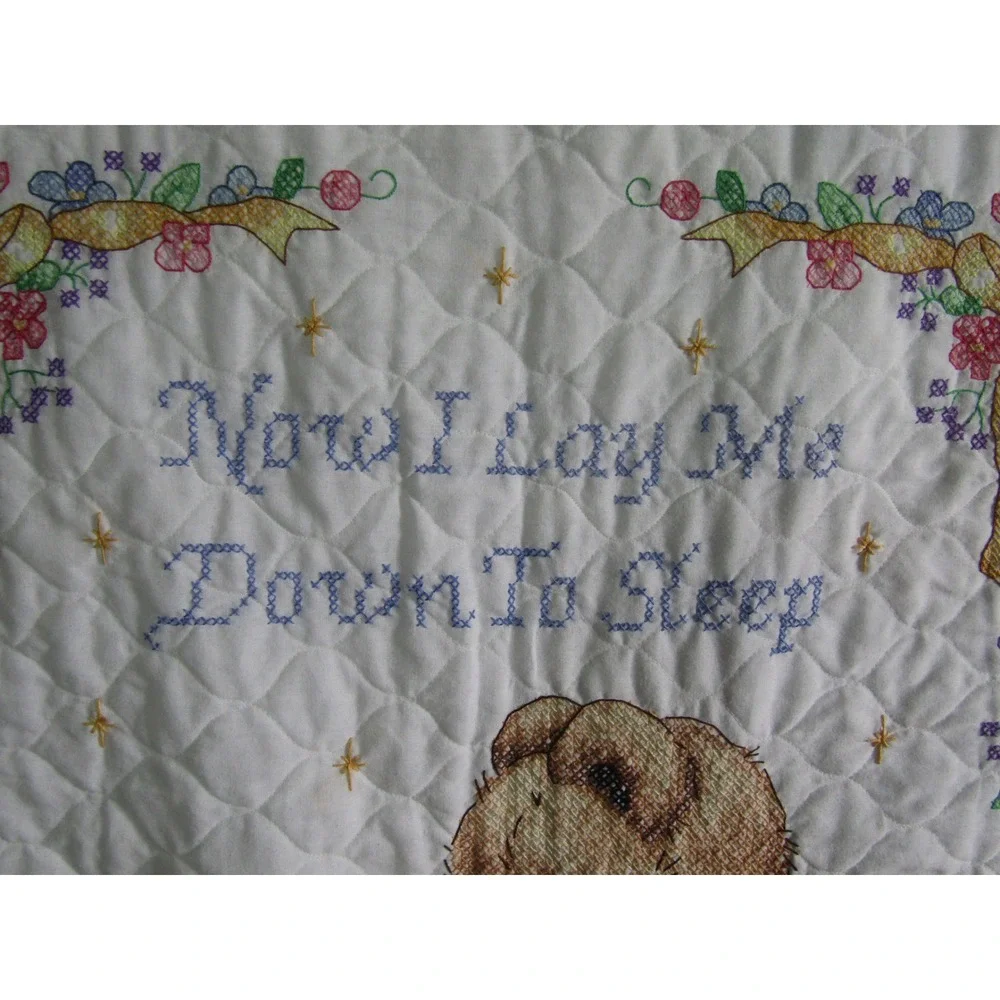 Vintage‎ Quilted Baby Blanket Now I Lay Me Down To Sleep Teddy Bear Angel White